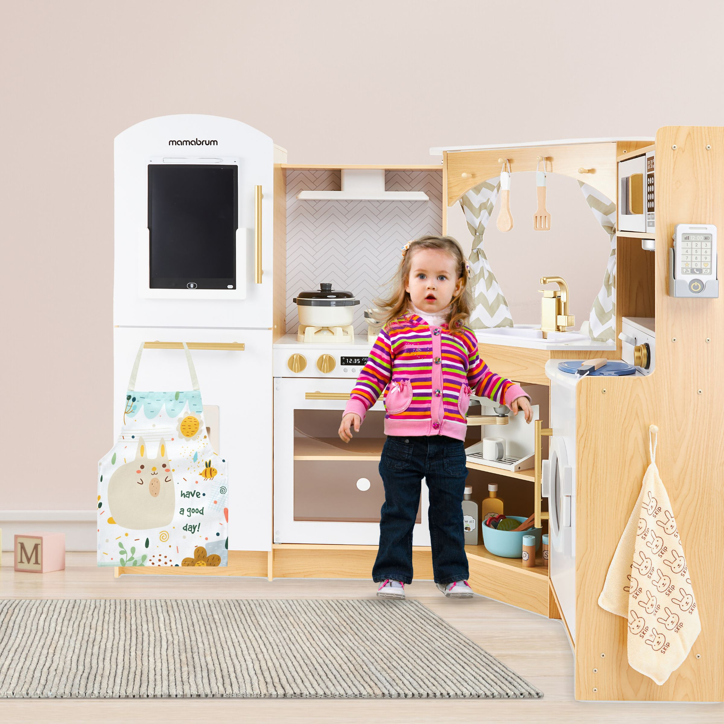 XXXXL suur puidust interaktiivne köök LED-valgustusega, pesumasin, mikrolaineahi, kohvimasin ning puu- ja köögiviljakomplekt - 50 elementi