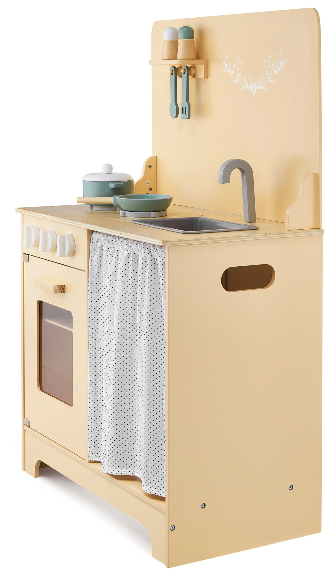 Puidust köök koos esiplaadi, tarvikute ja LED-valgustusega