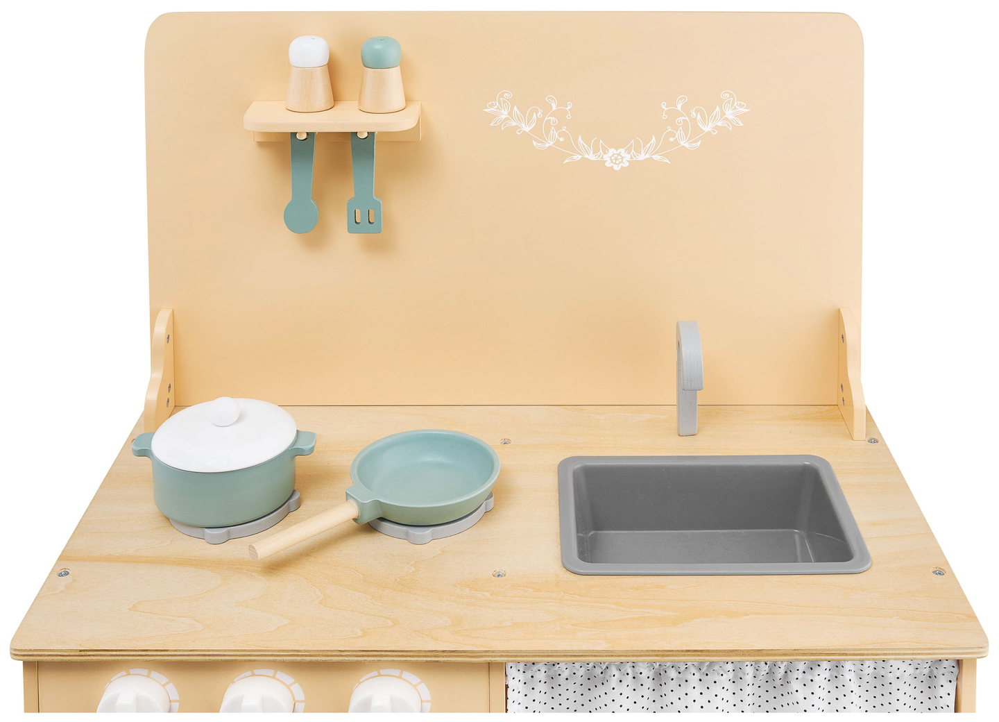 Puidust köök koos esiplaadi, tarvikute ja LED-valgustusega