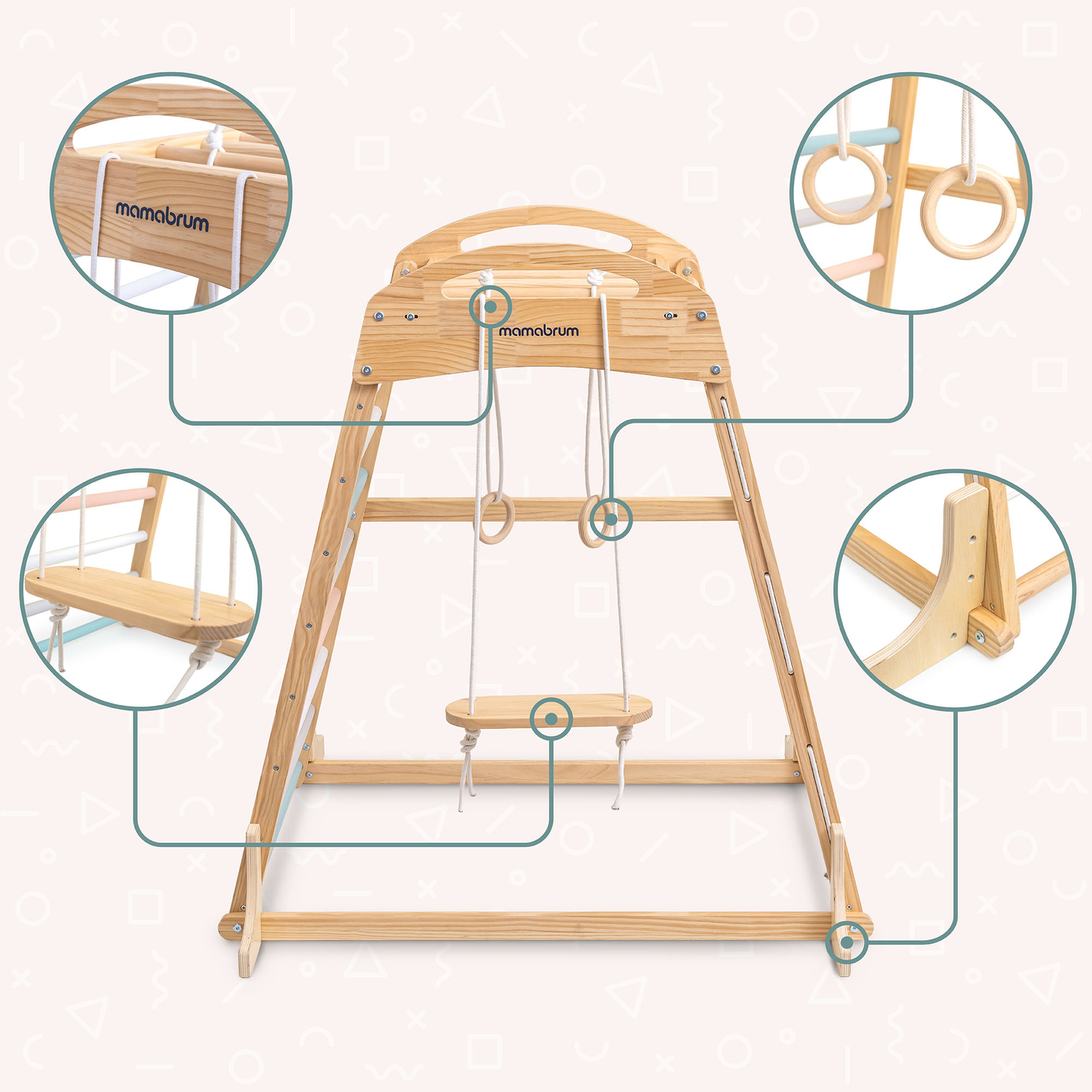 Puidust sisemänguväljak kiige, võimlemisrõngaste ja ronimisvõrguga