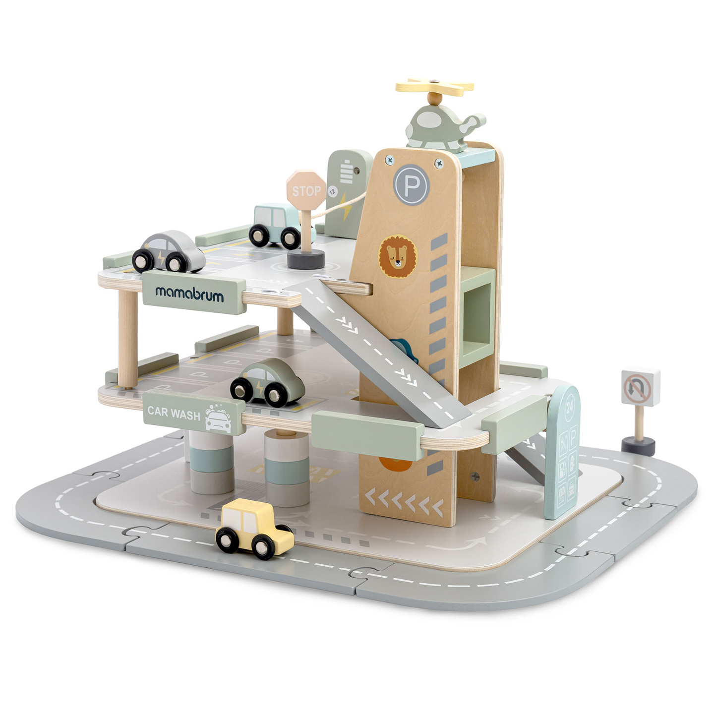 Puidust kolmekorruseline lastega garaaž koos lisatarvikutega – parkla, bensiinijaam, autopesula, helikopter