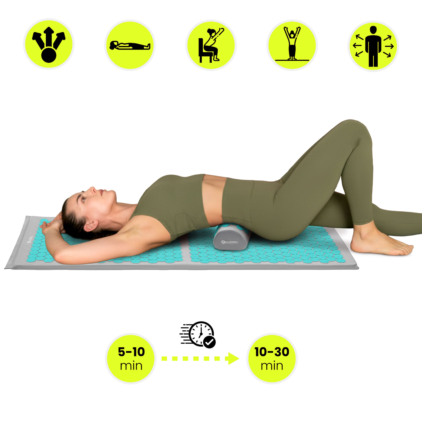 Suur nõelravimatt padja ja kattega - 130 cm HyperMotion hall-mündiroheline