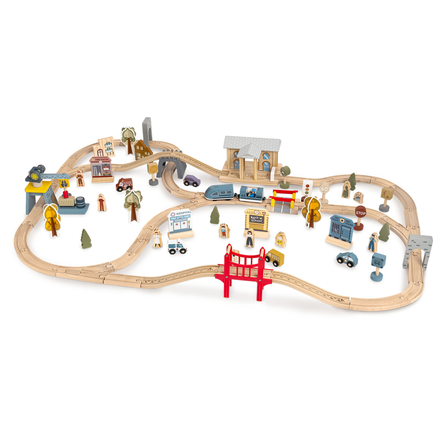 Puidust linnaraudtee elektrirongiga - liikuv kraana, laev, sillad