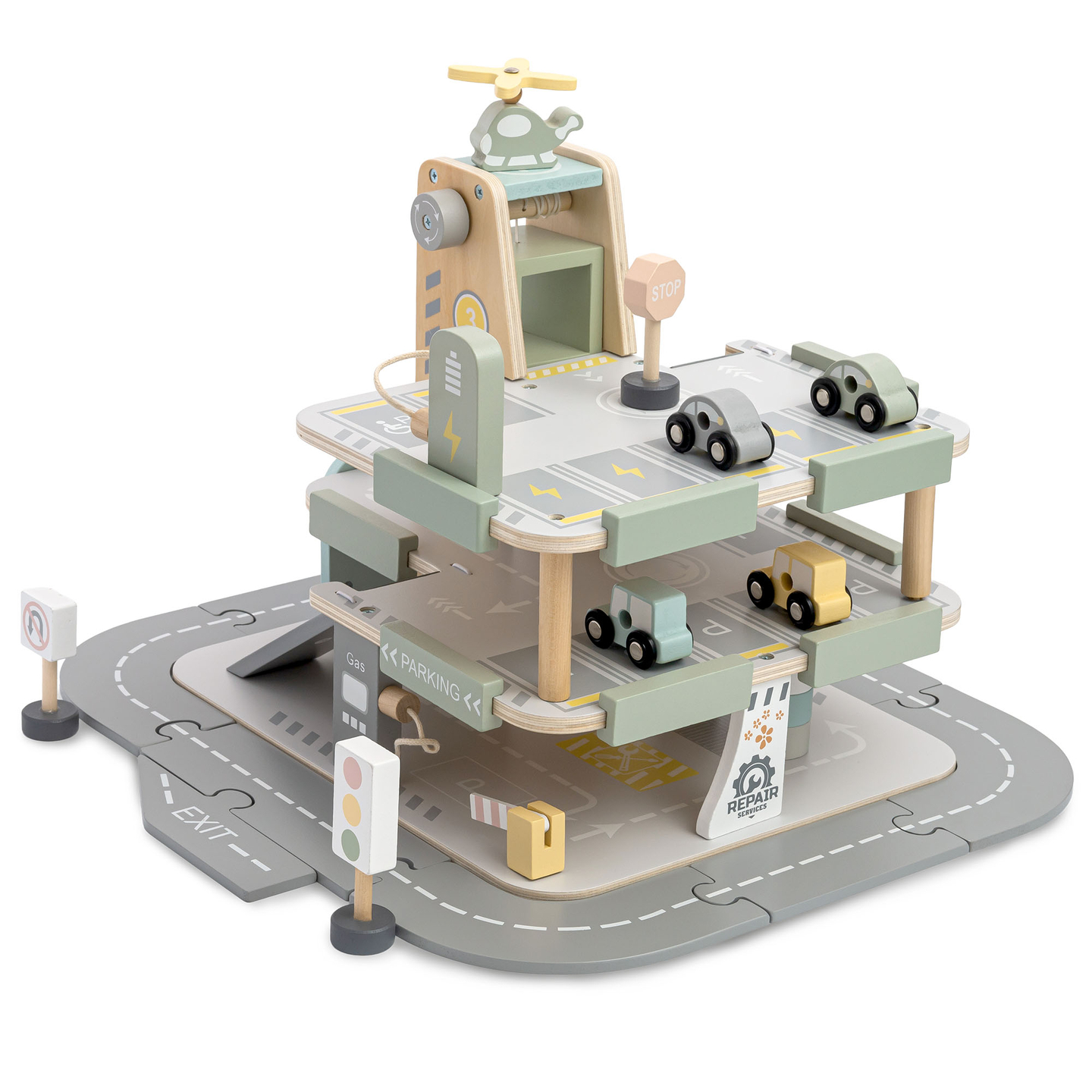 Puidust kolmekorruseline lastega garaaž koos lisatarvikutega – parkla, bensiinijaam, autopesula, helikopter