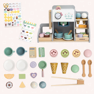 Suur puidust jäätisekohvik koos magnetlaua, kohvimasinaga ning jäätise- ja magustoidukomplektiga - üle 70 tüki!