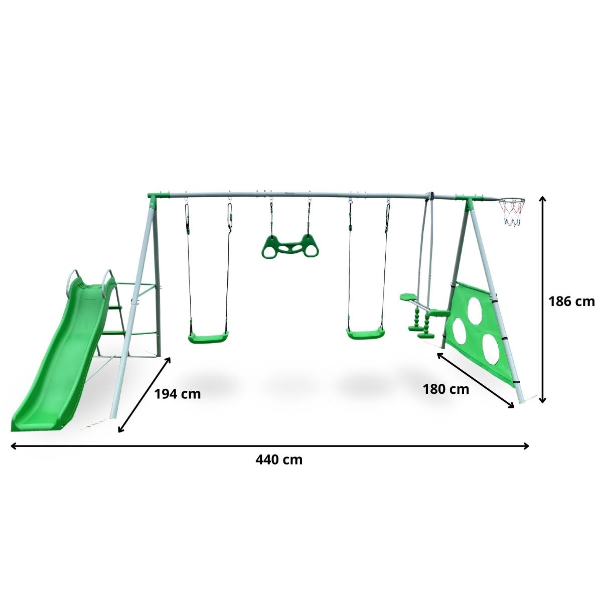 XXXL aiamänguväljak lastele kiikede, liumäe, võimlemistrapetsi, korvpallirõnga ja jalgpalliväravaga