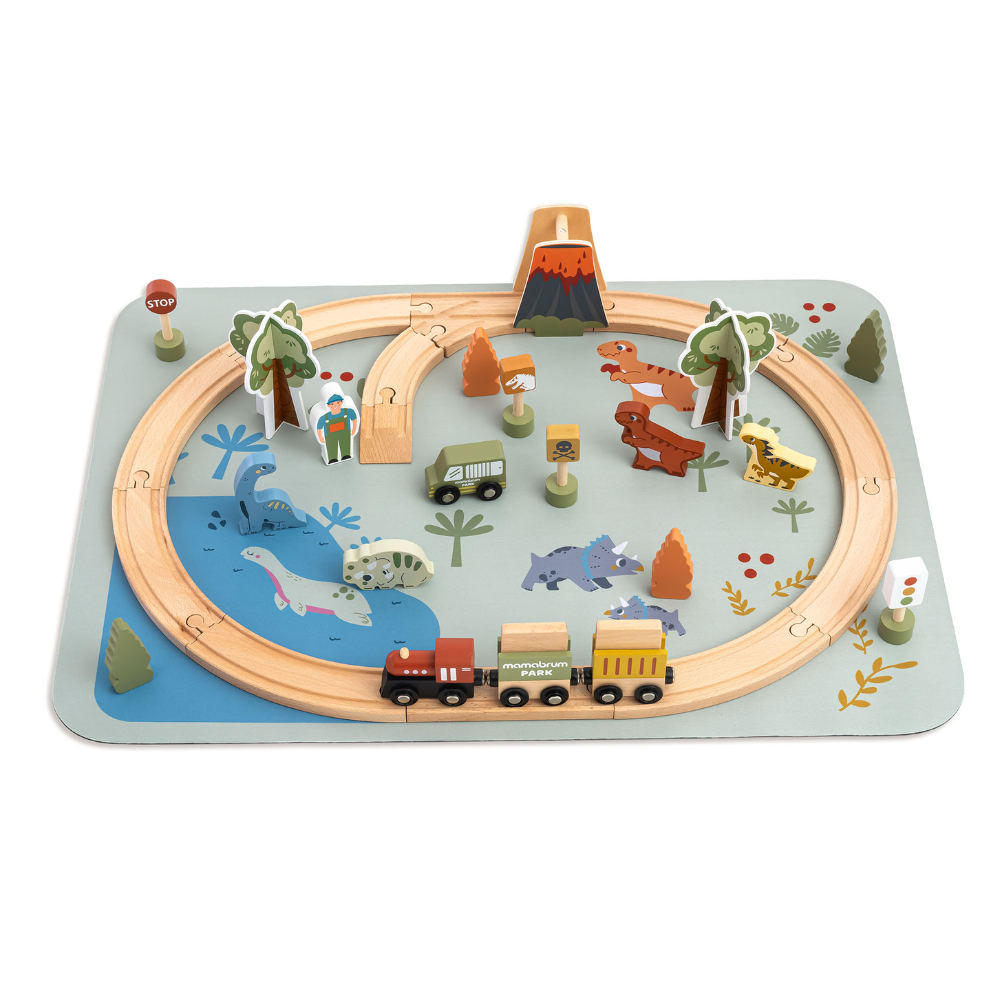 Dino Park puidust rong libisemisvastase matiga - dinosaurused, rong, rööpad, vulkaan, kell