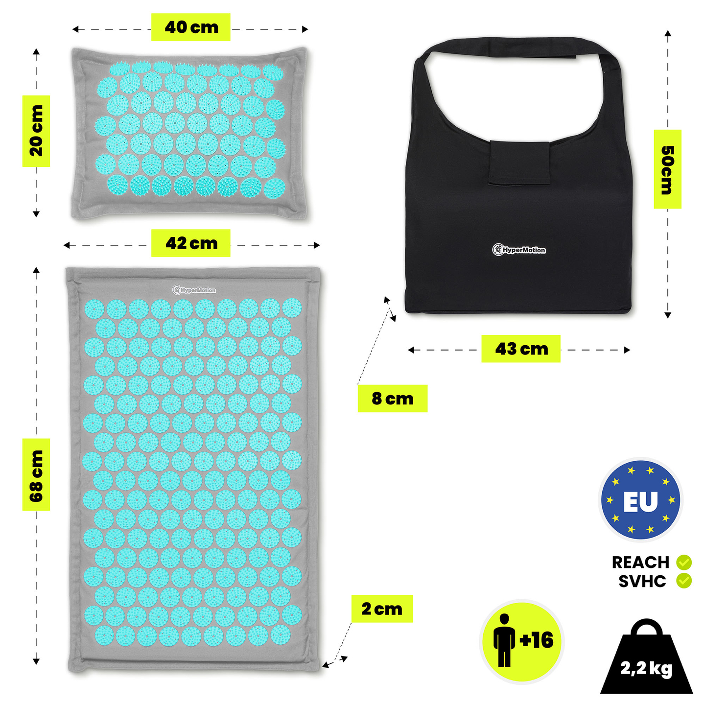 Öko-linane nõelravimatt kookoskiudude ja tatrapadjaga – 68 cm HyperMotion hall-münt