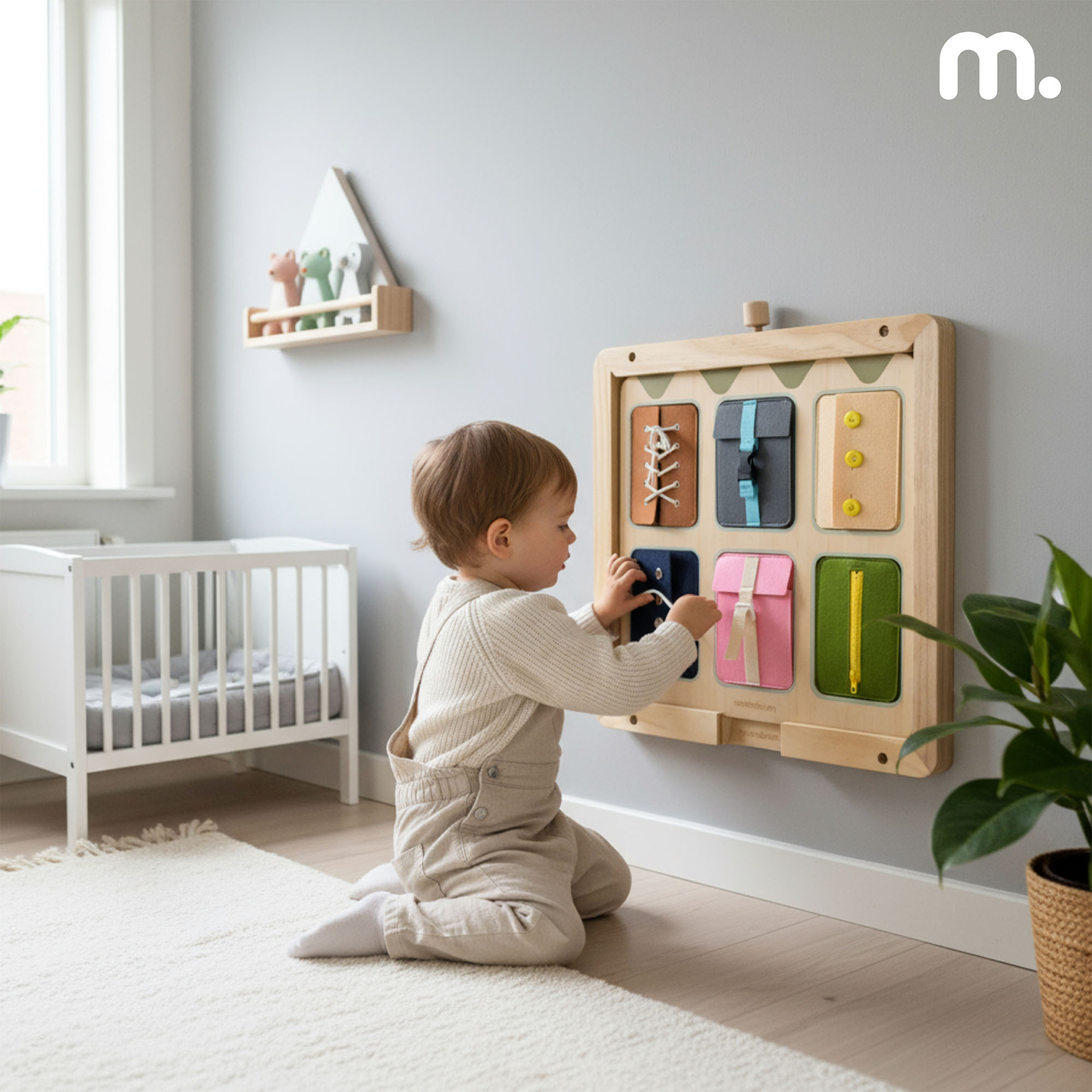 Puidust Montessori manipulatiivlaud – sensoorne iseseisvuse õppimine - paelad, pandlad, nööbid, trukid, lukk