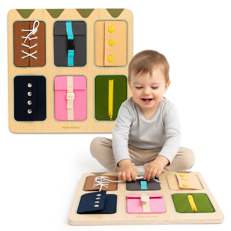 Puidust Montessori manipulatiivlaud – sensoorne iseseisvuse õppimine - paelad, pandlad, nööbid, trukid, lukk