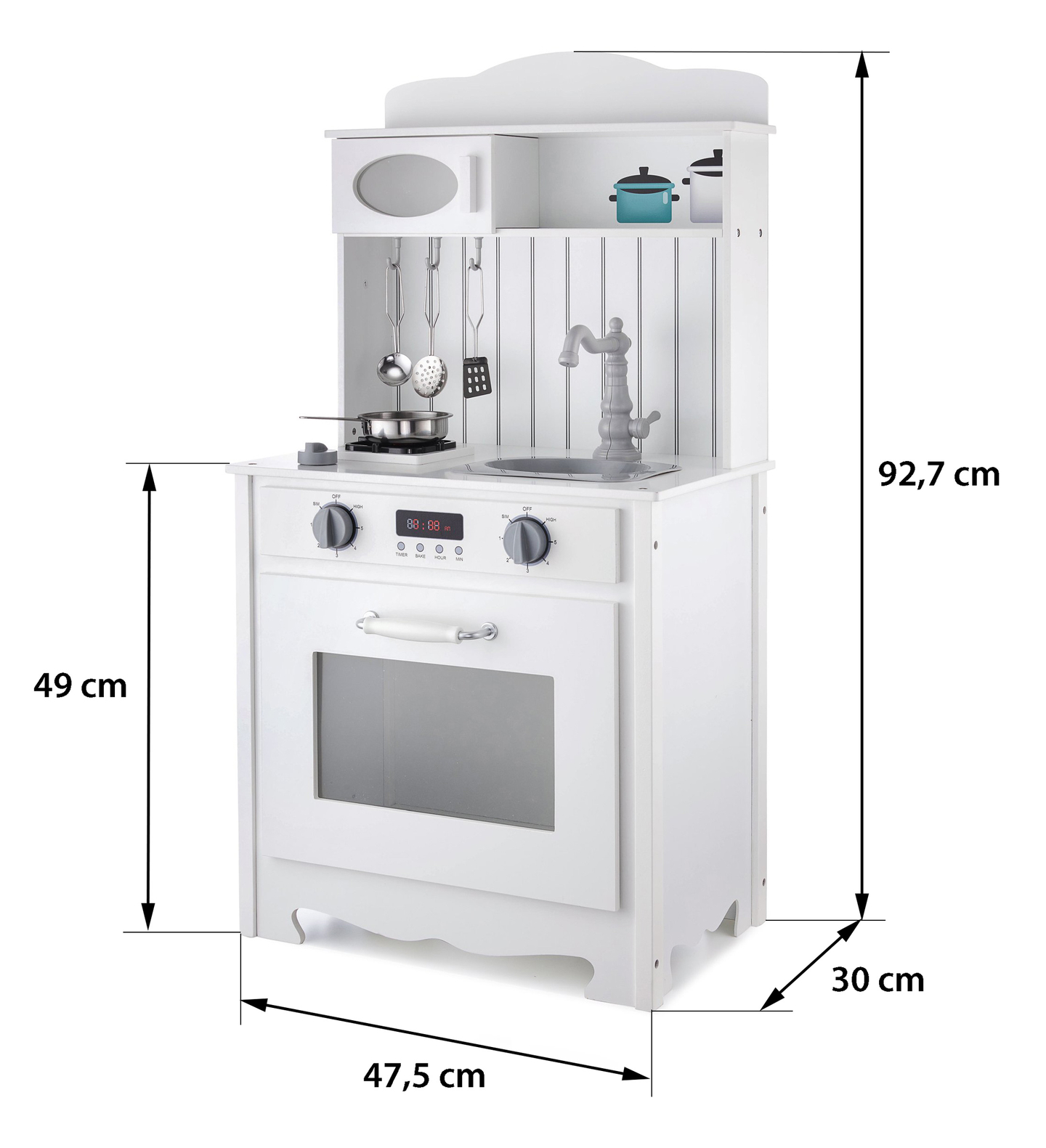 Valge puidust köök koos esiliistu, aksessuaaride ja LED-lambiga