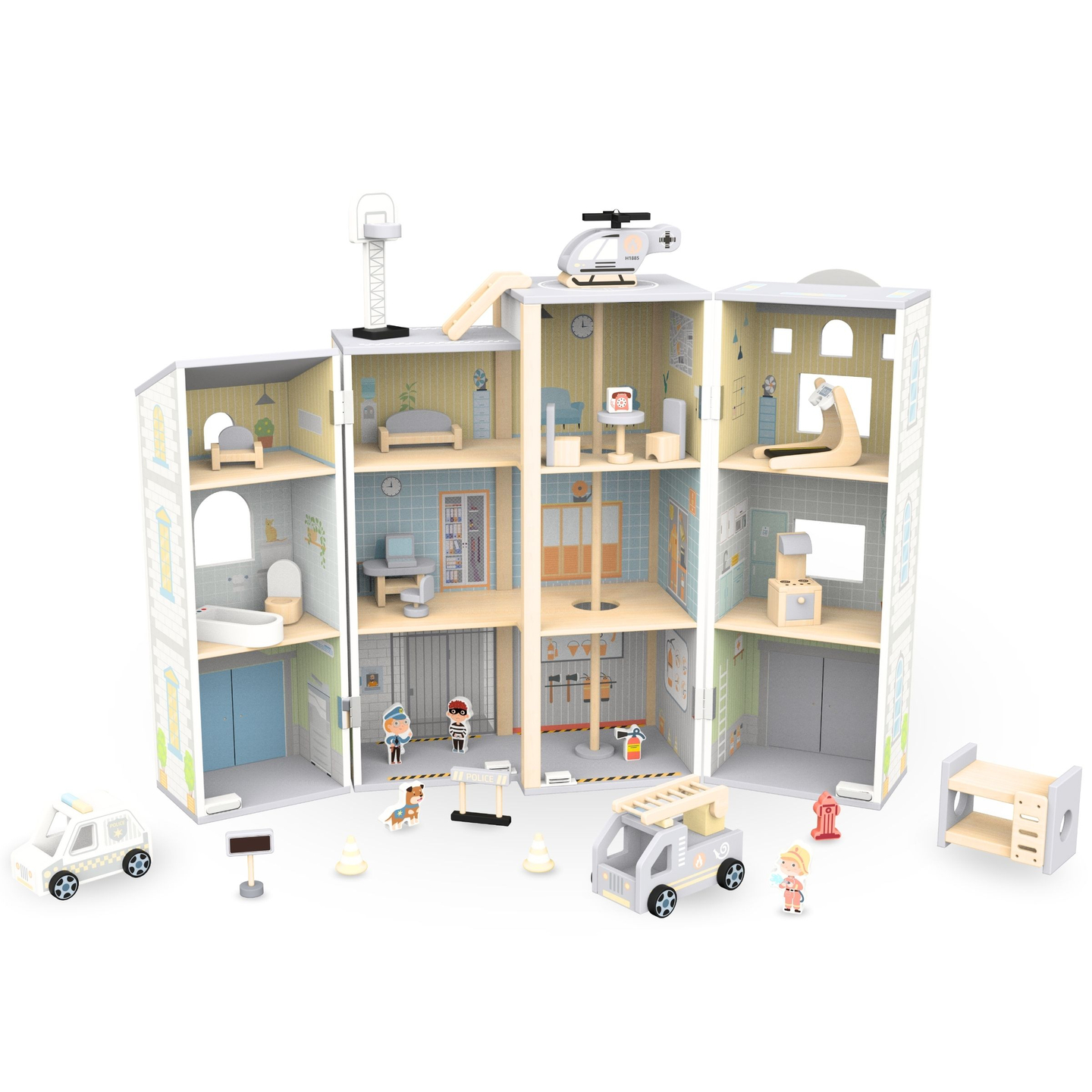 Suur kokkupandav tuletõrjejaam koos politseijaamaga - puidust komplekt. Tuletõrjejaam ja politseijaam koos tarvikutega.