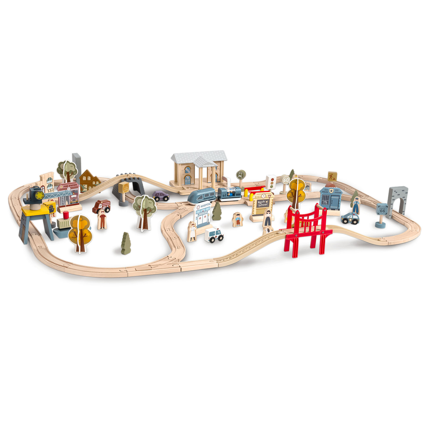 Puidust linnaraudtee elektrirongiga - liikuv kraana, laev, sillad