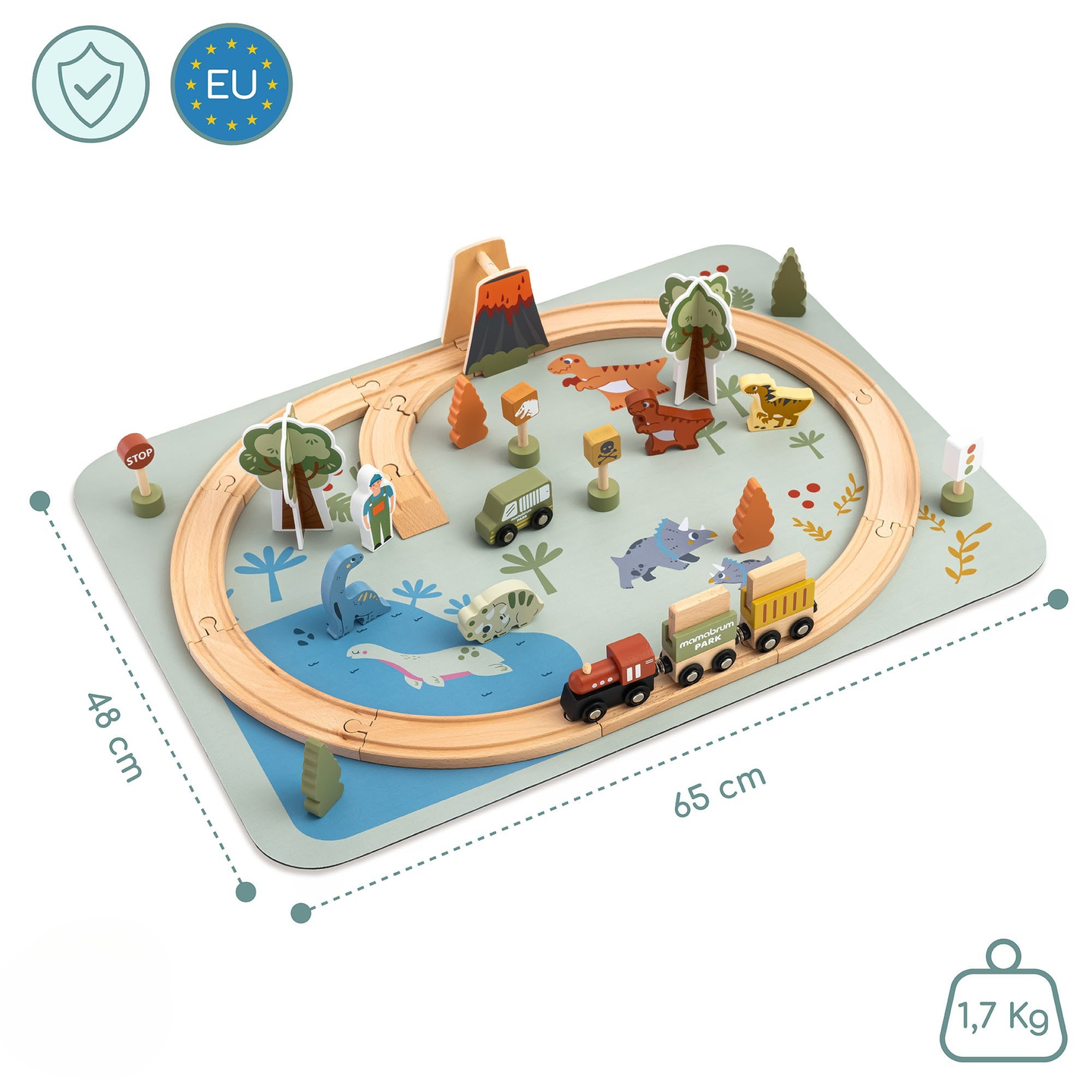 Dino Park puidust rong libisemisvastase matiga - dinosaurused, rong, rööpad, vulkaan, kell