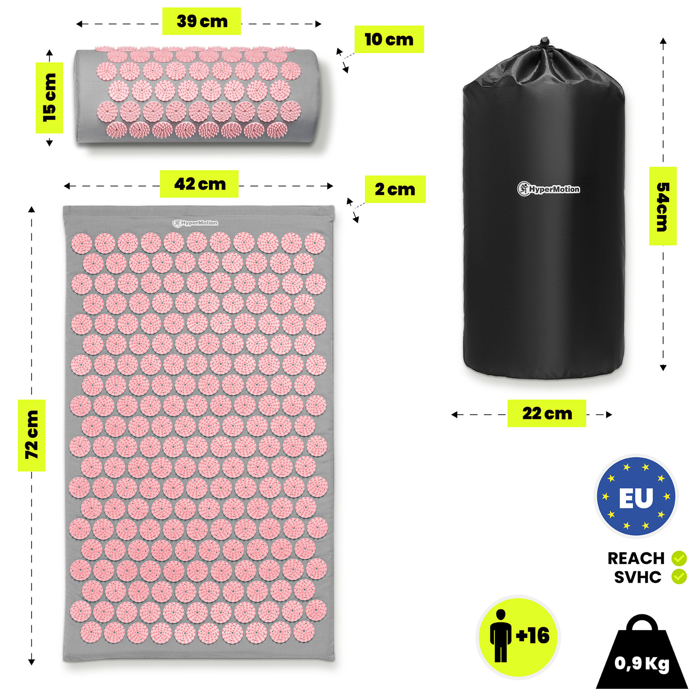 Akupressuurmatt padja ja kattega - 72 cm HyperMotion hall ja roosa