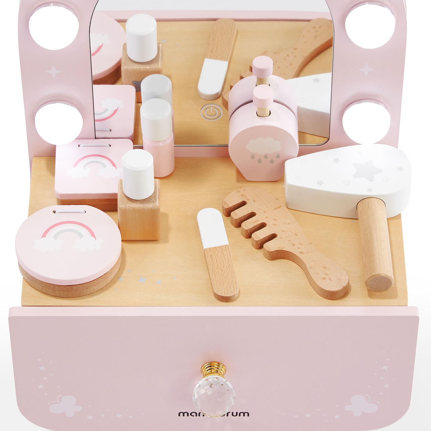 Puidust mini tualettlaud lastele aksessuaaride ja sujuva heleduse reguleerimisega LED-valgustusega