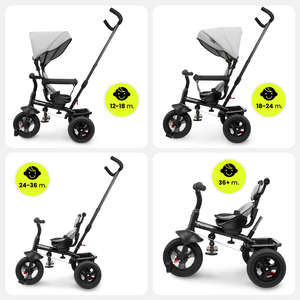 Kolmerattaline jalgratas lastele 1-4 aastat - TOBI FREY - hall värv - pöörlev - pumbatavad rattad + tõukeratas