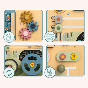 Puidust Montessori laud 2-ühes kokpit väikesele juhile ja piloodile – rool, käigukang, reisikaardid, radar