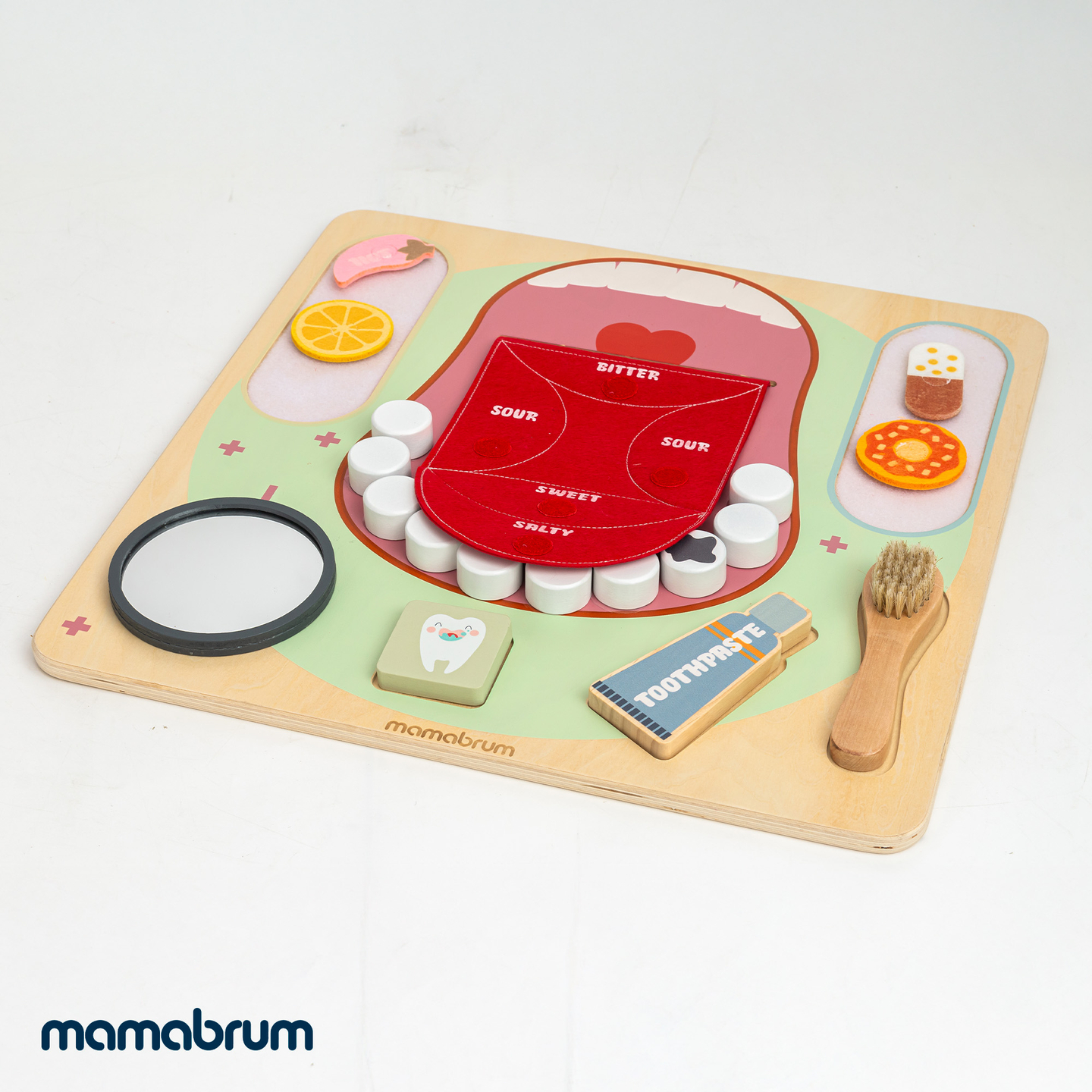 Puidust Montessori õppelaud Väike hambaarst - hambahari, hambapasta, eemaldatavad hambad, peegel, toit, õppimismaitsed