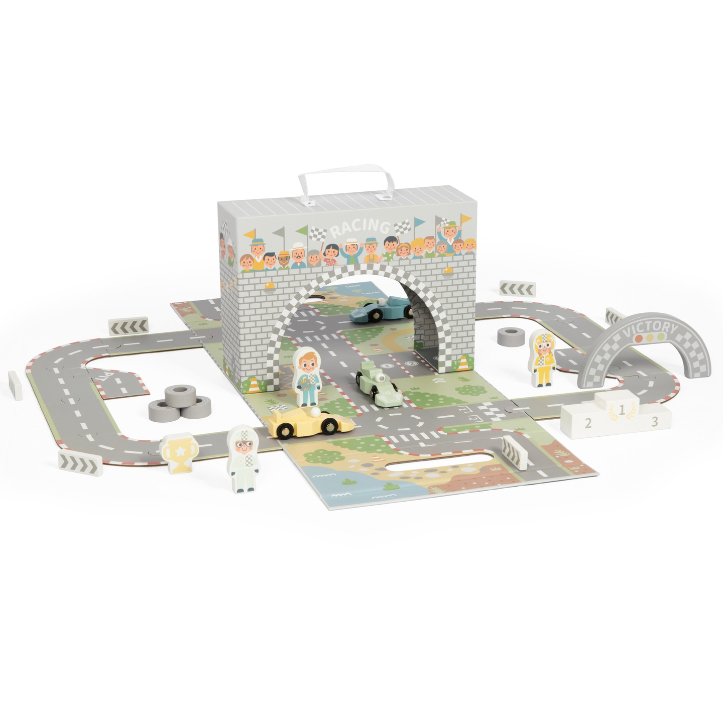 Magnetkohver võidusõiduraja, puidust sõidukite ja teetarvikutega