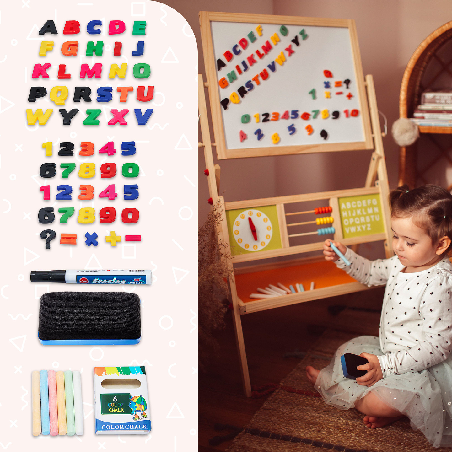 Suur kahepoolne hariduslik tahvel: magnet- ja kriiditahvel - kuivalt kustutatav tahvel, puidust