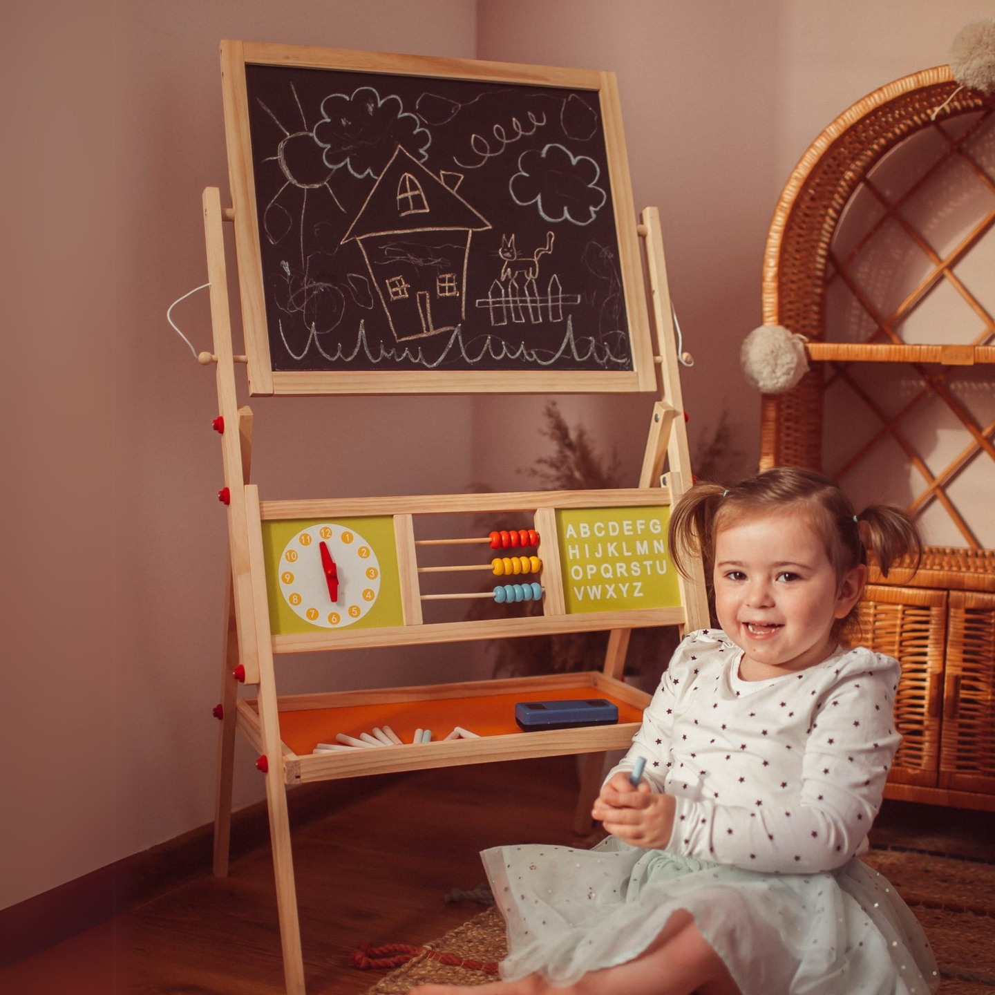 Suur kahepoolne hariduslik tahvel: magnet- ja kriiditahvel - kuivalt kustutatav tahvel, puidust