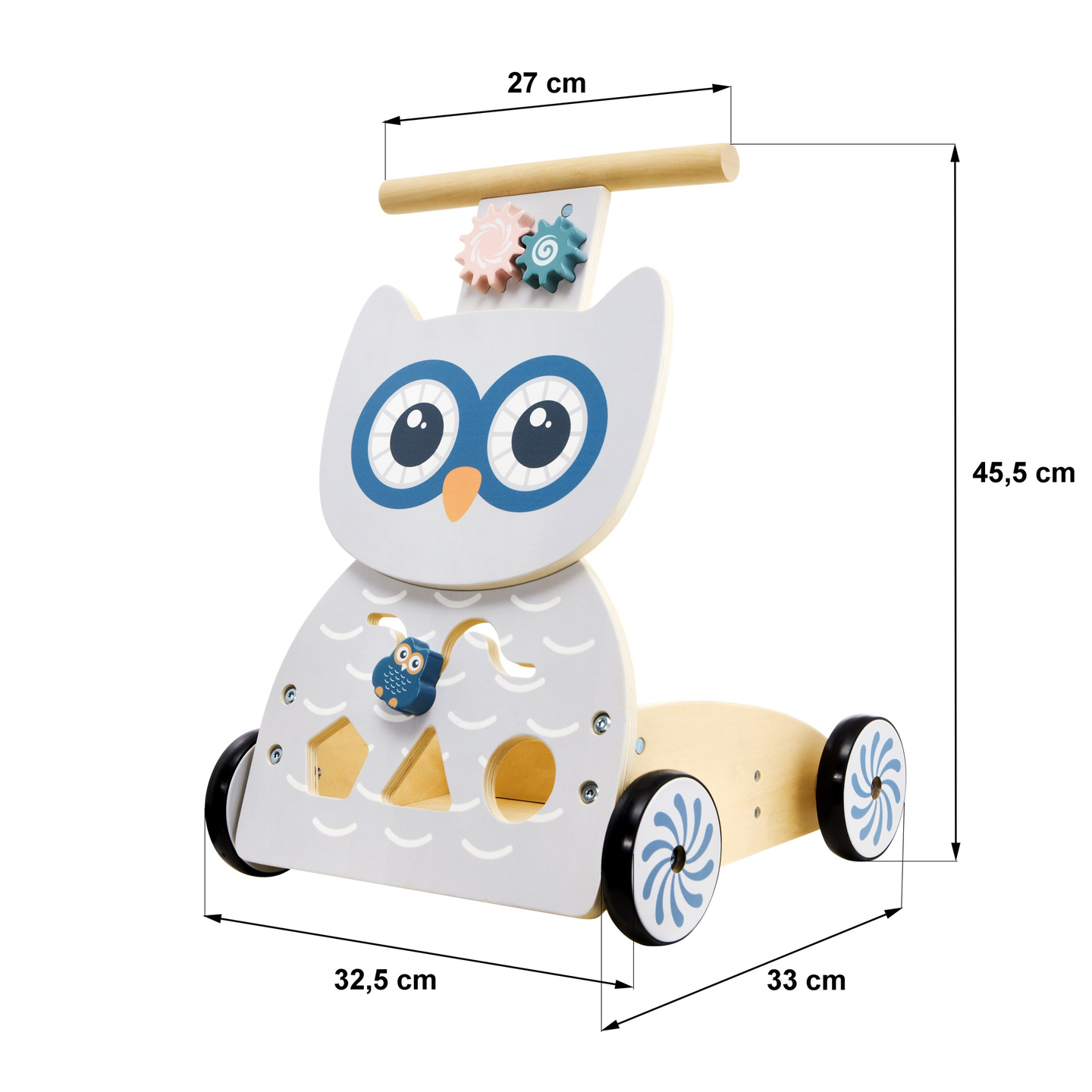 Puidust multifunktsionaalne jalutuskäru - tõuker - klotsidega lapsevanker - Owl