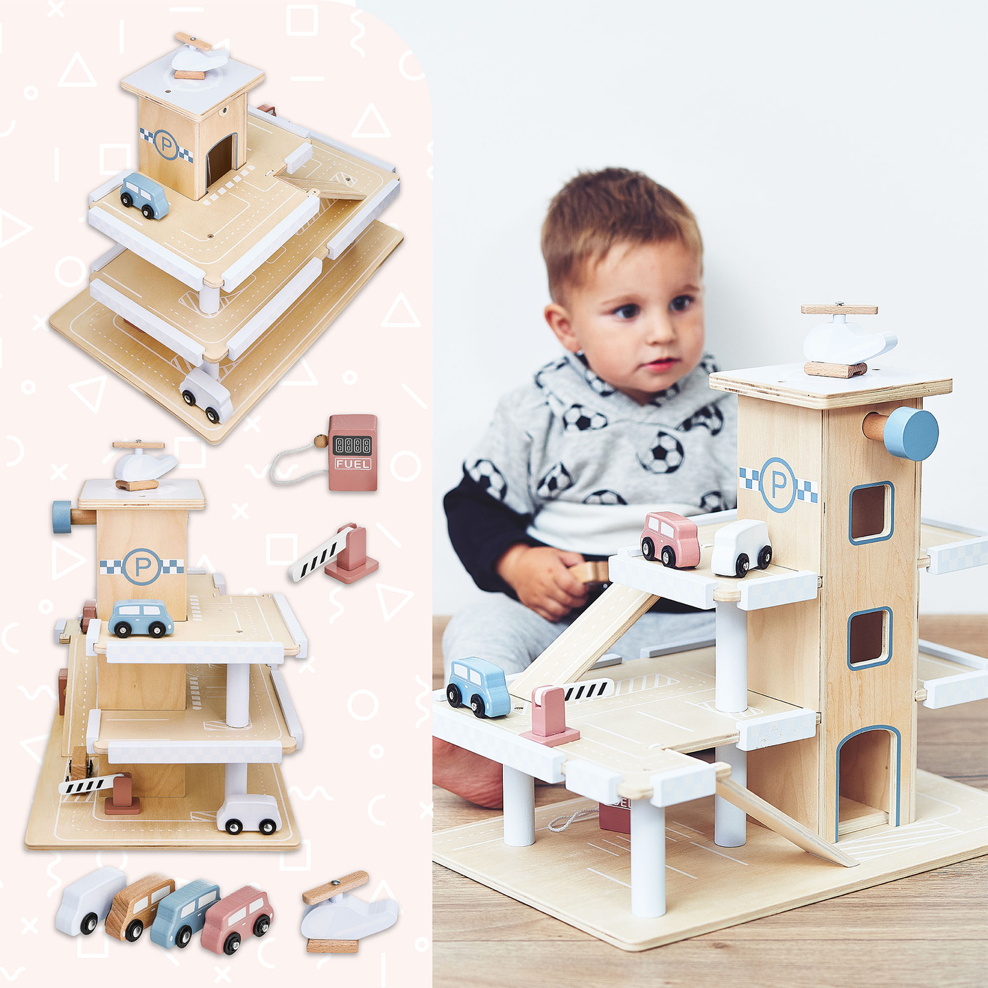 Puidust kolmekorruseline parkla koos liftiga - autode ja helikopteri garaažiga