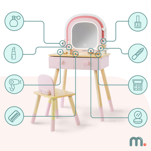 Puidust laste tualettlaud LED-valgustusega, millel on sujuv heleduse reguleerimine, tool ja aksessuaarid