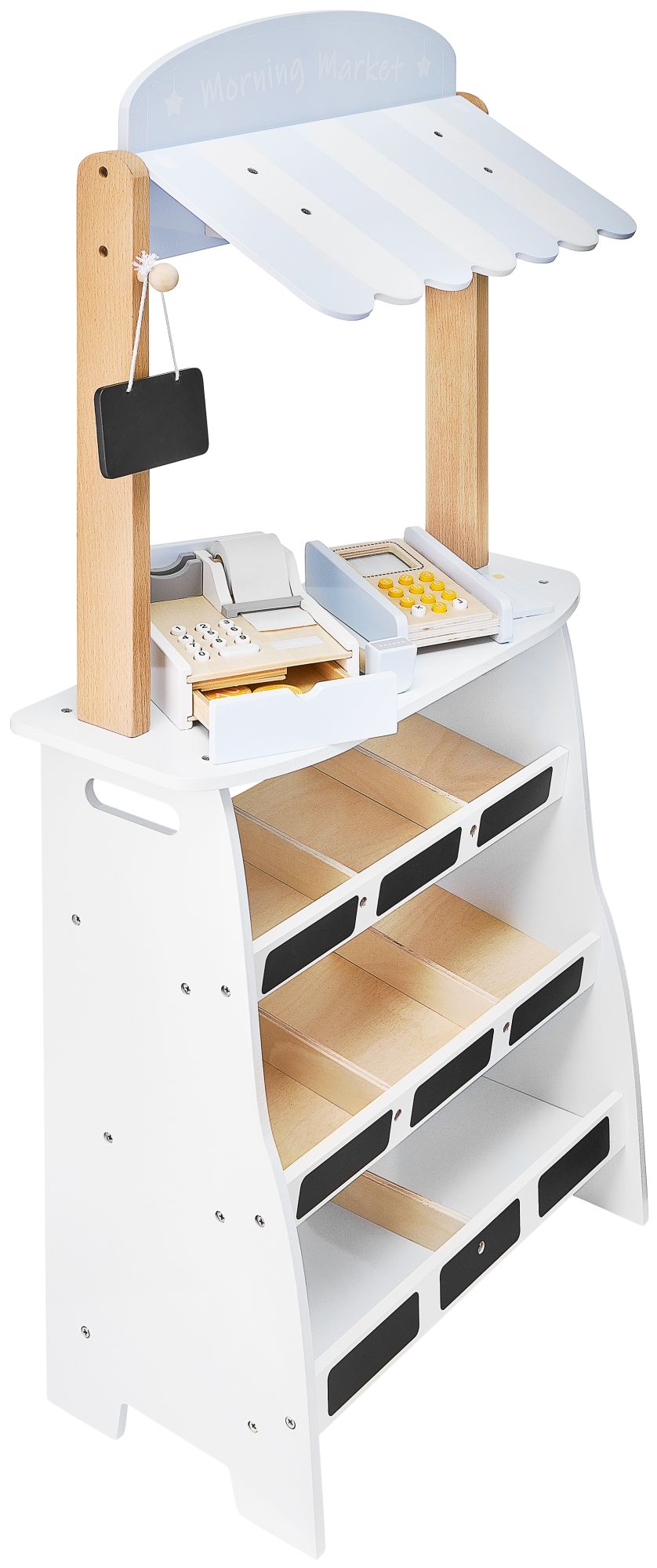 Köögiviljapood - puust kiosk kastidega, kassaaparaat ja terminal