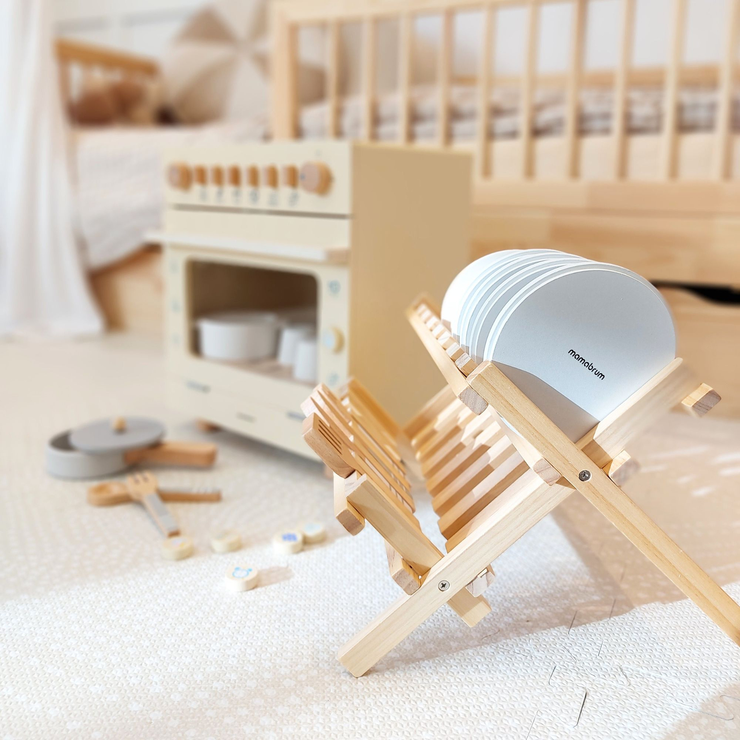 Puidust köögitarvikud koos poti kuivatajaga - komplekt lastele