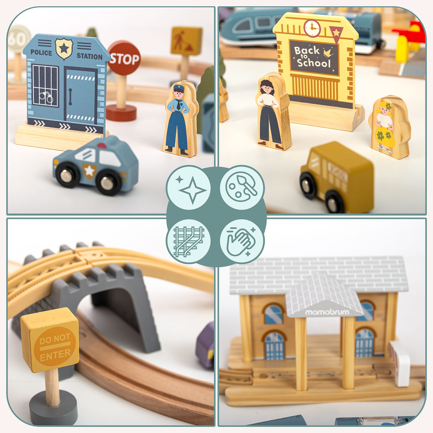 Puidust linnaraudtee elektrirongiga - liikuv kraana, laev, sillad