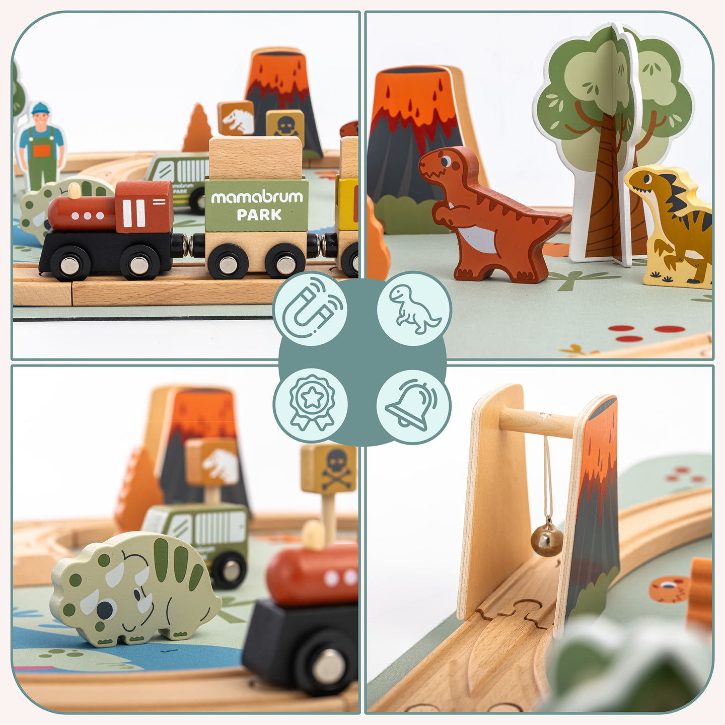 Dino Park puidust rong libisemisvastase matiga - dinosaurused, rong, rööpad, vulkaan, kell
