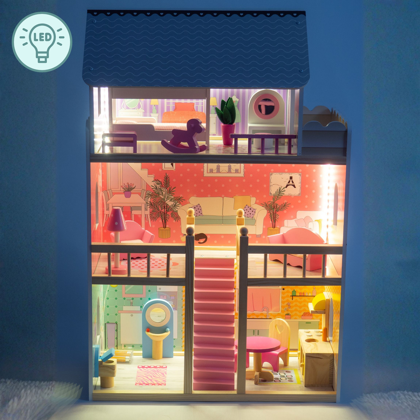 Suur puidust 3-korruseline nukumaja koos terrassi, mööblikomplekti ja LED-valgustusega!