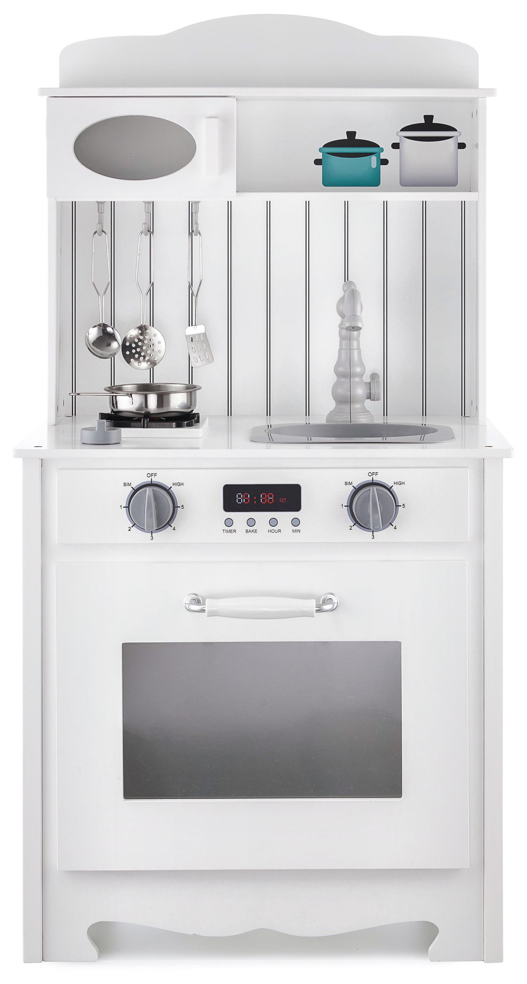 Valge puidust köök koos esiliistu, aksessuaaride ja LED-lambiga