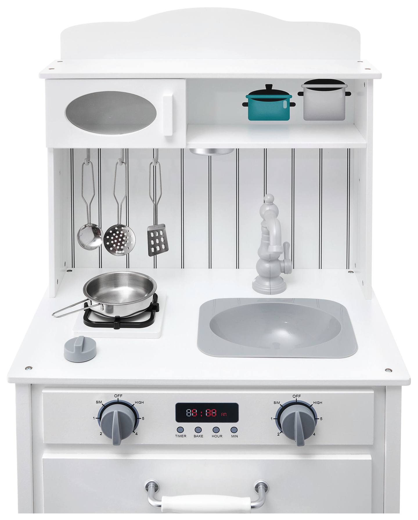 Valge puidust köök koos esiliistu, aksessuaaride ja LED-lambiga