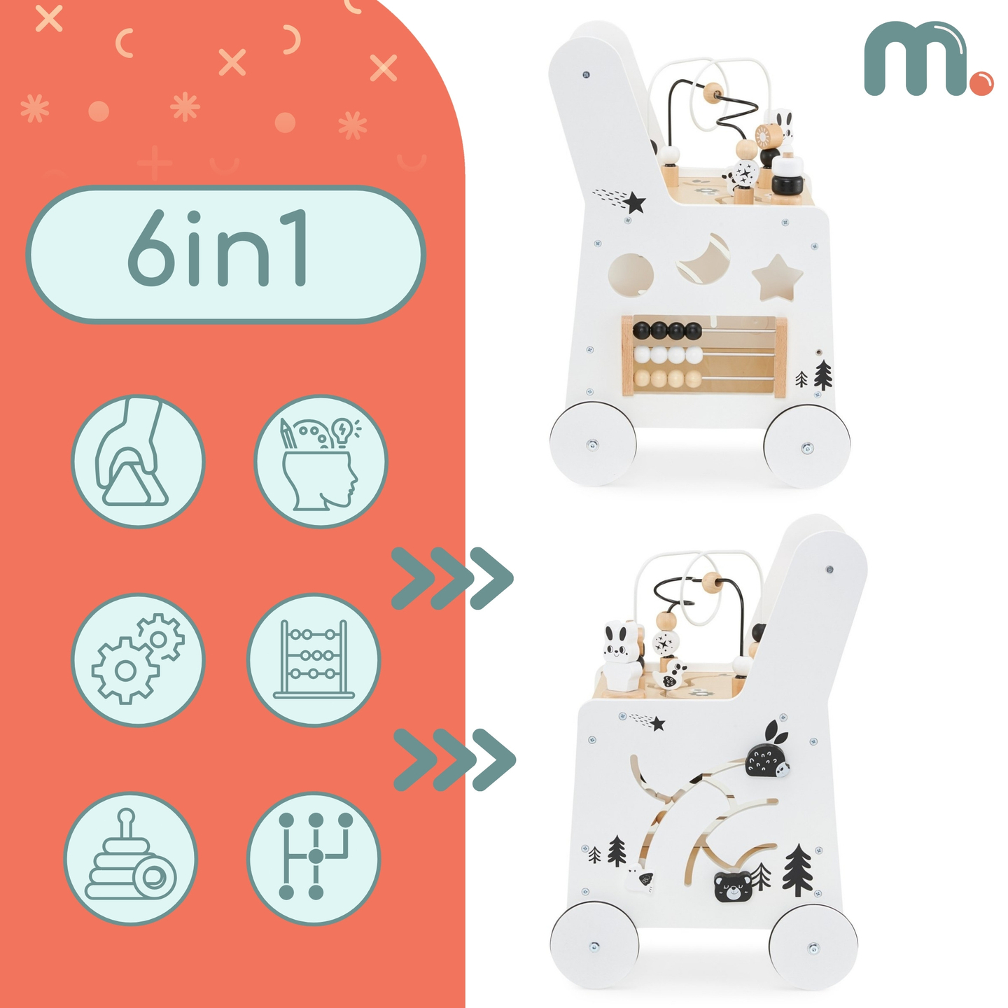 6in1 puidust lapsevanker, jalutuskäru koos õppetabeli funktsiooniga