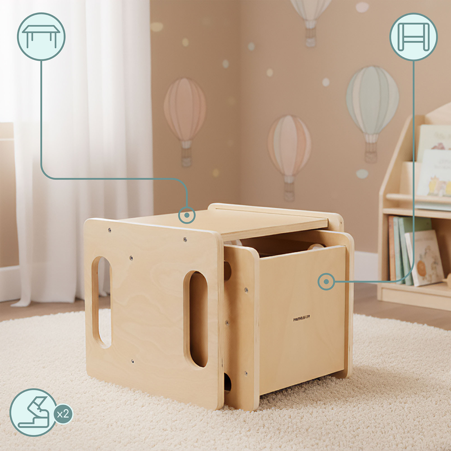 Puidust laud ja tool astmelaua funktsiooniga – multifunktsionaalne Montessori komplekt lastele