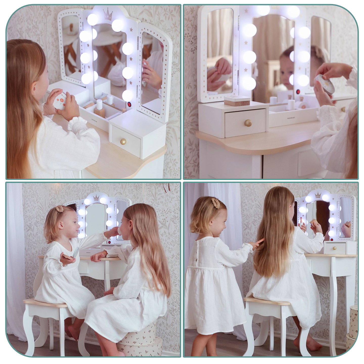 XXL puidust riietuslaud koos jopega ja LED-valgustusega lastele + tarvikud