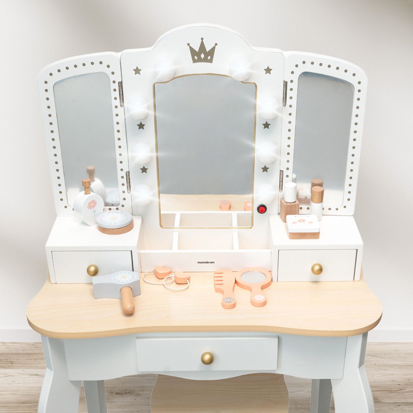 XXL puidust riietuslaud koos jopega ja LED-valgustusega lastele + tarvikud