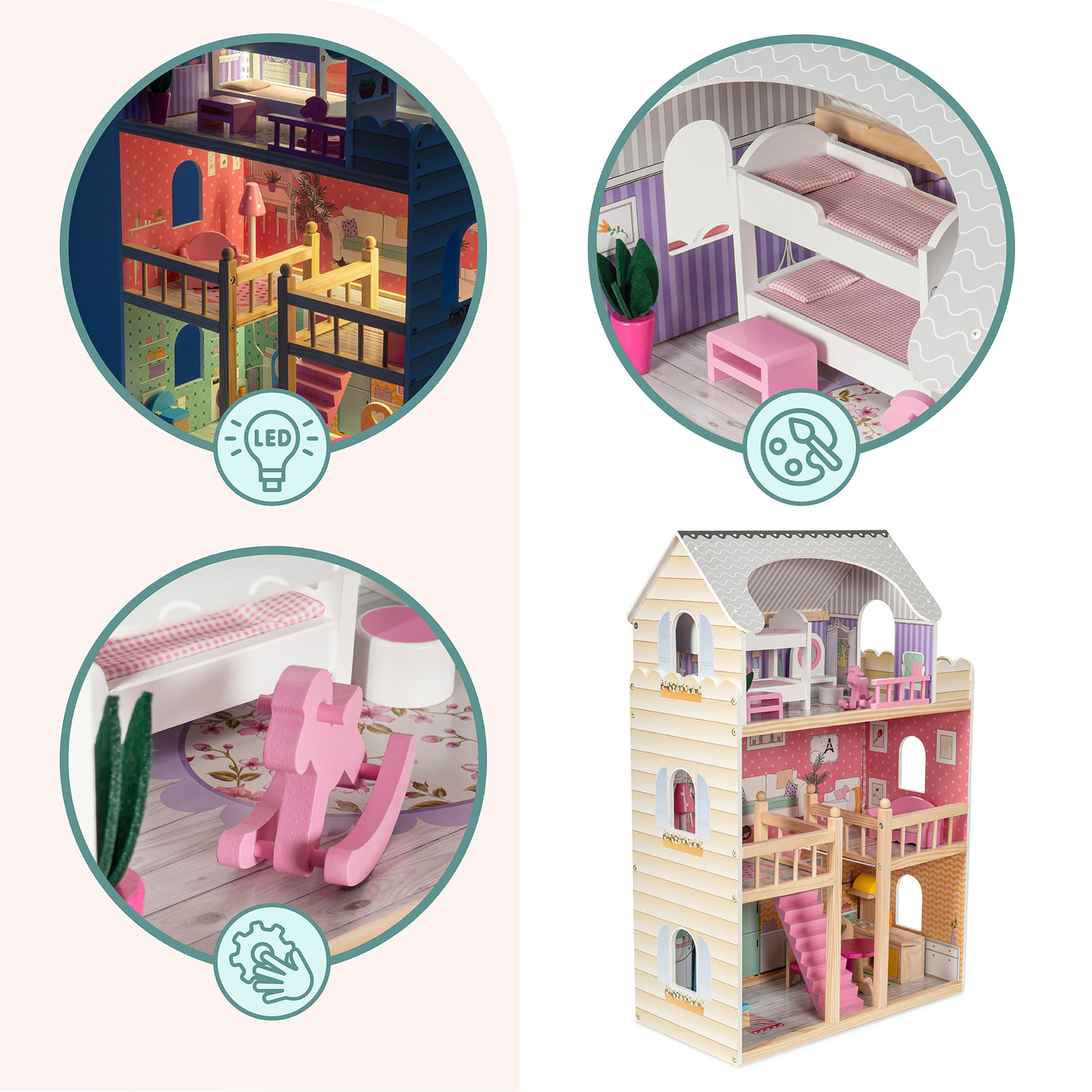 Suur puidust 3-korruseline nukumaja koos terrassi, mööblikomplekti ja LED-valgustusega!