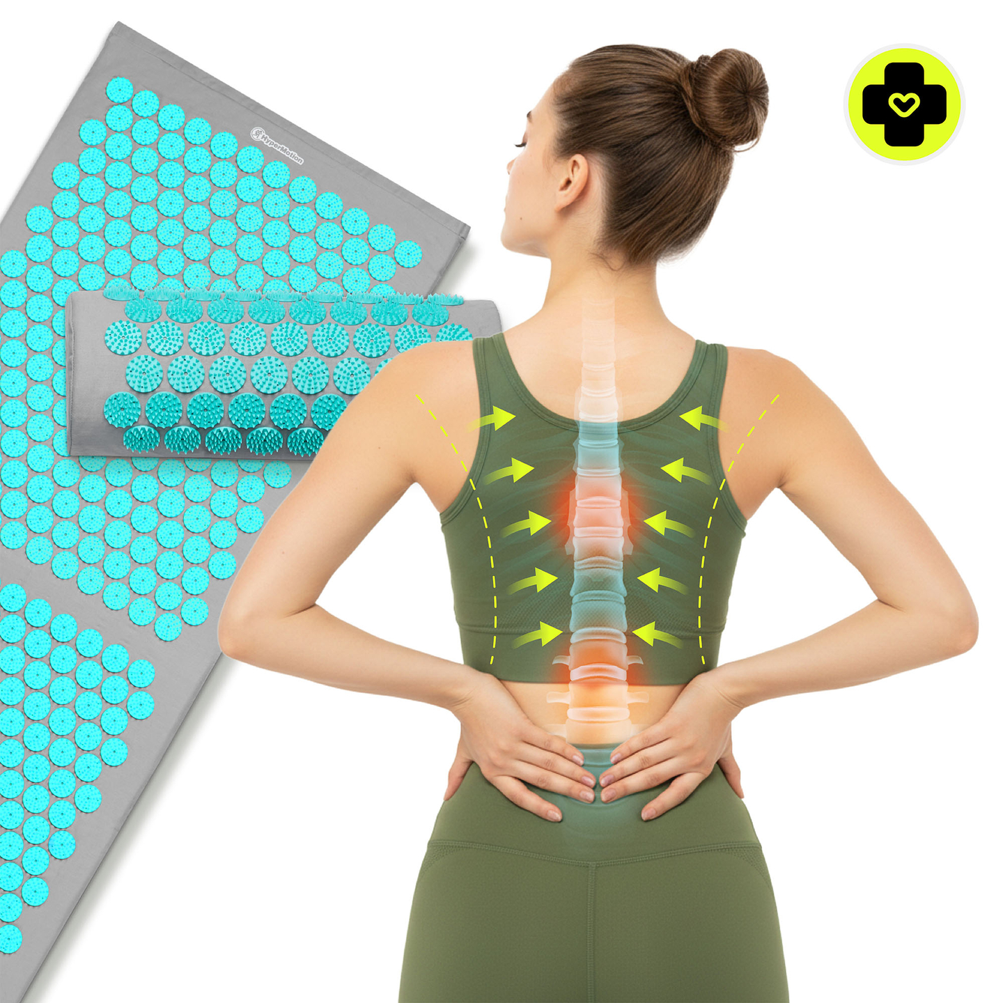 Suur nõelravimatt padja ja kattega - 130 cm HyperMotion hall-mündiroheline