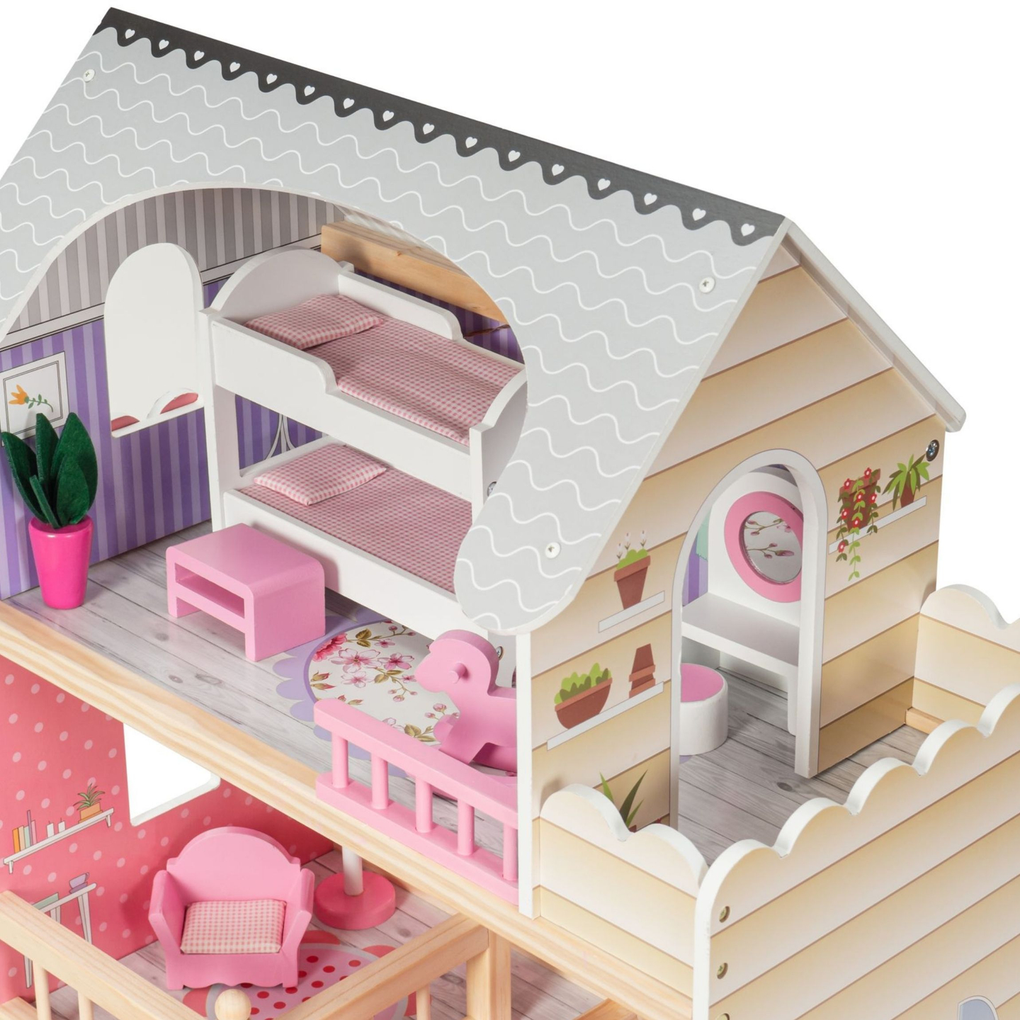 Suur puidust 3-korruseline nukumaja koos terrassi, mööblikomplekti ja LED-valgustusega!