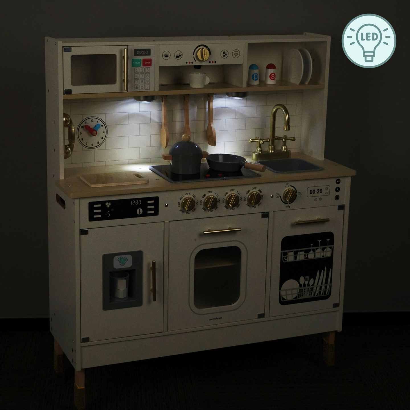 Interaktiivne XXL puidust köök koos tarvikute ja LED valgustusega - kahetasandiline