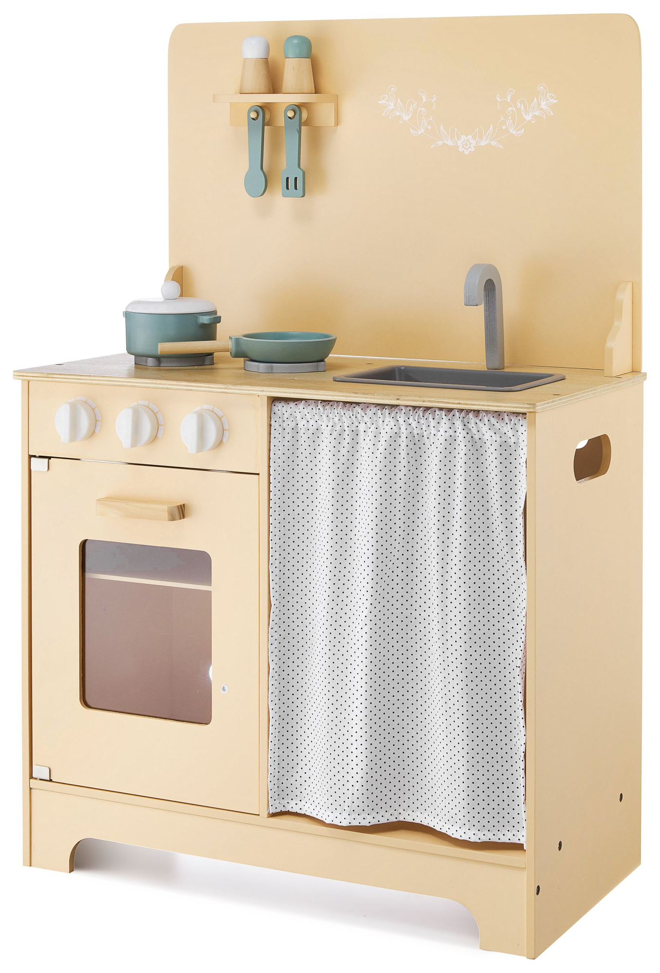 Puidust köök koos esiplaadi, tarvikute ja LED-valgustusega