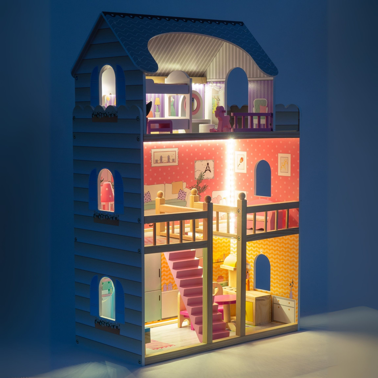 Suur puidust 3-korruseline nukumaja koos terrassi, mööblikomplekti ja LED-valgustusega!