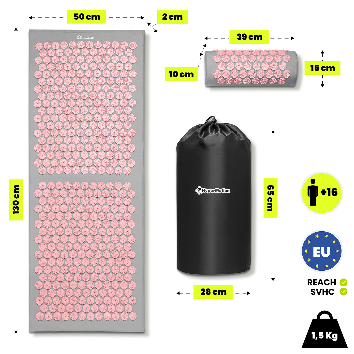 Suur nõelravimatt padja ja kattega - 130 cm HyperMotion hall ja roosa