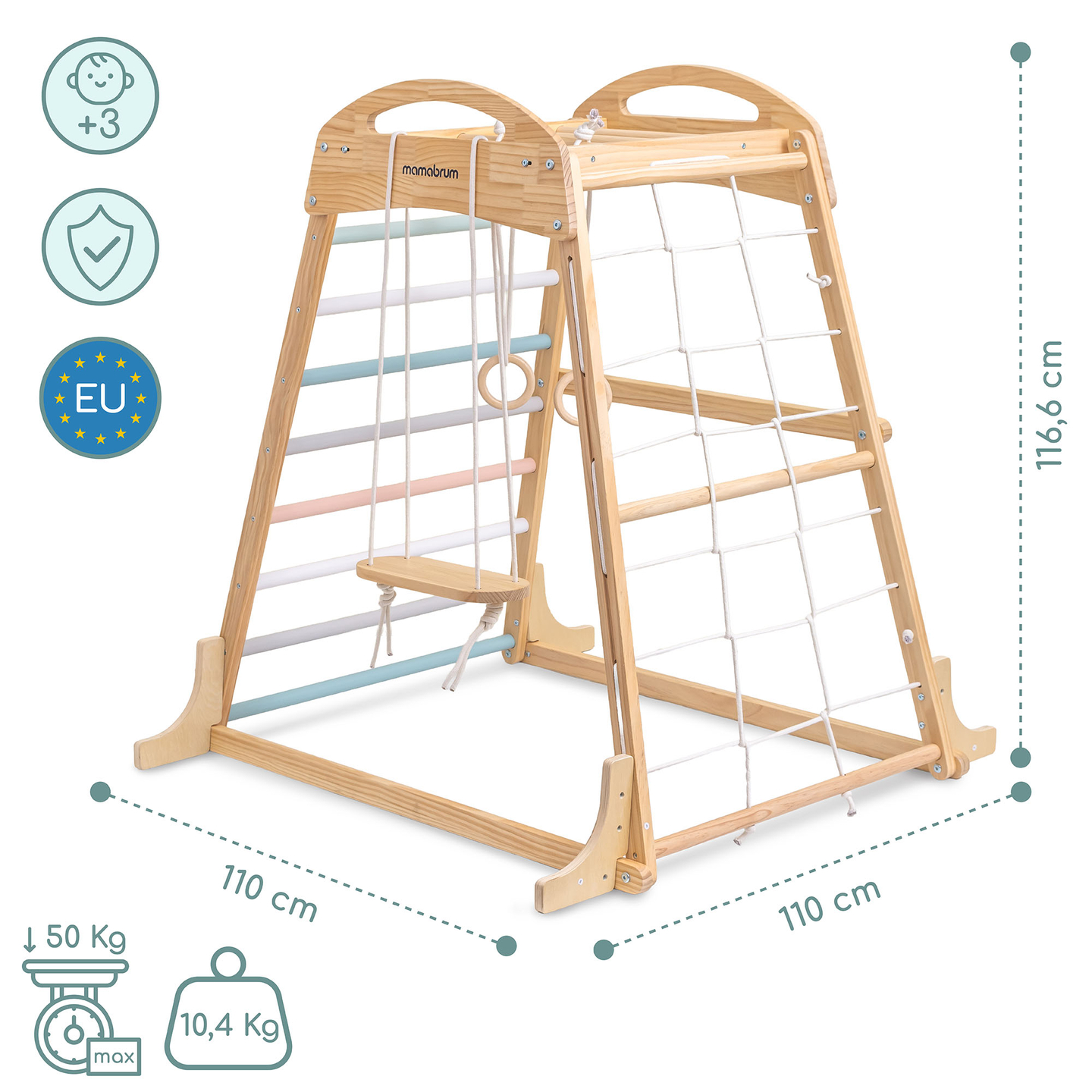 Puidust sisemänguväljak kiige, võimlemisrõngaste ja ronimisvõrguga