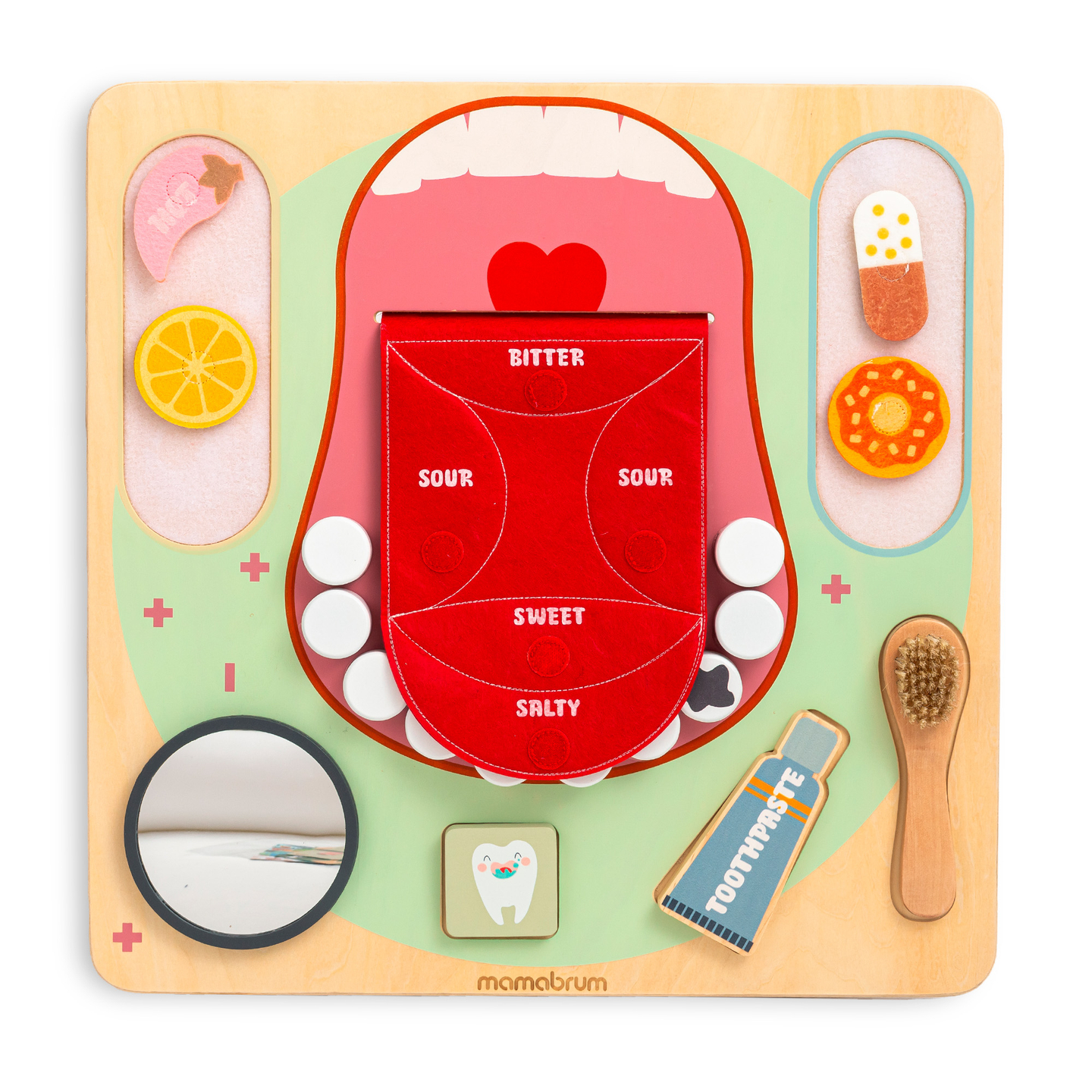 Puidust Montessori õppelaud Väike hambaarst - hambahari, hambapasta, eemaldatavad hambad, peegel, toit, õppimismaitsed