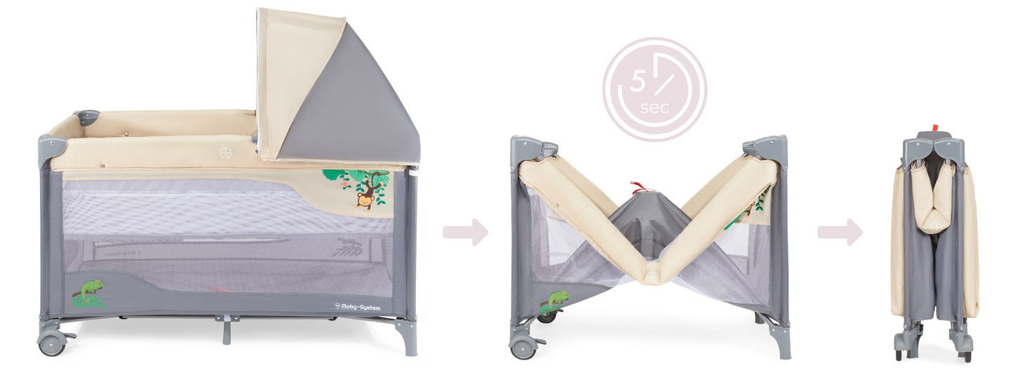 Reisivoodi 0 - 36 m mähkimislauaga + Moby-System HUXLEY mänguaedik